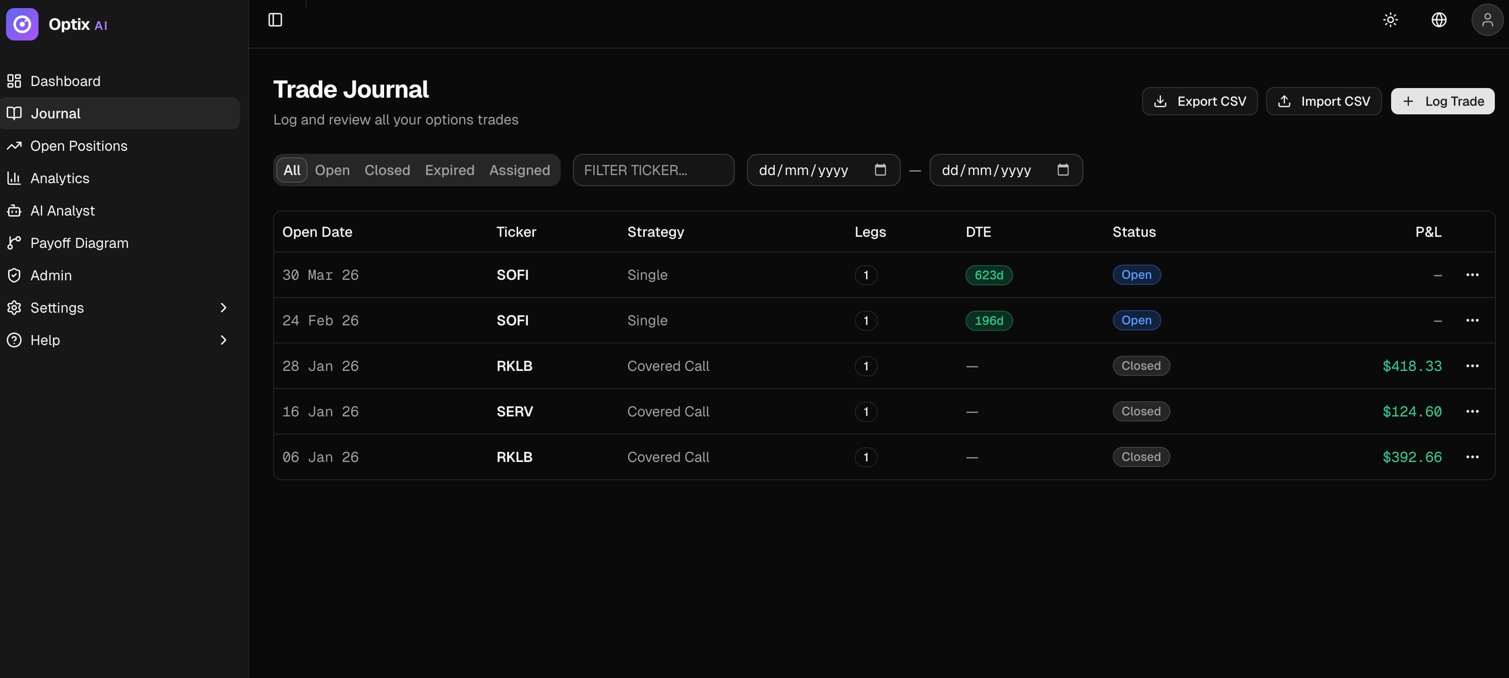 Optix AI Trade Journal — log and review all your options trades